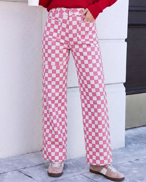 GRAPENT Women's Wide Leg Jeans High Waisted Trendy Stretchy Checkered Pants Checkerboard Print, High Rise, Wide-Leg Cut, Front Patch Pockets, Stretch Denim Pants, Weekend Casual, Classic Retro Style