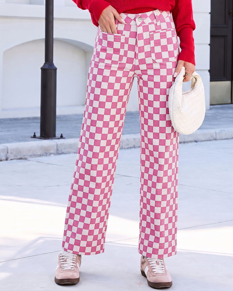 GRAPENT Women's Wide Leg Jeans High Waisted Trendy Stretchy Checkered Pants Checkerboard Print, High Rise, Wide-Leg Cut, Front Patch Pockets, Stretch Denim Pants, Weekend Casual, Classic Retro Style