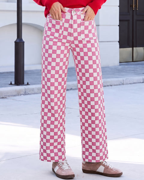 GRAPENT Women's Wide Leg Jeans High Waisted Trendy Stretchy Checkered Pants Checkerboard Print, High Rise, Wide-Leg Cut, Front Patch Pockets, Stretch Denim Pants, Weekend Casual, Classic Retro Style
