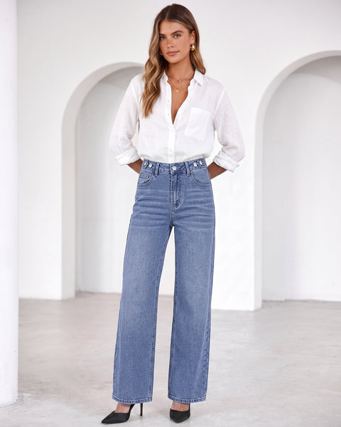 GRAPENT Jeans for Women Wide Leg High Rise Cinch-Waist Stretchy Denim Pants | High Waisted, Adjustable Waist, Full Length, 30'' Inseam, 90s Baggy Straight, Great for Everyday Wear, Dressy Casual Outifts