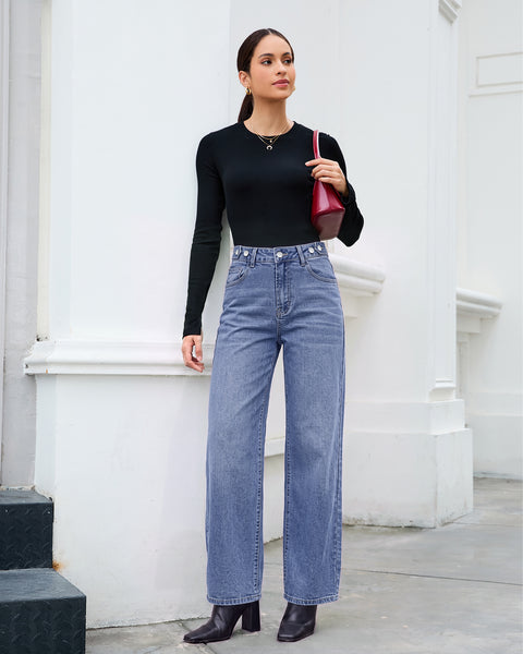 GRAPENT Jeans for Women Wide Leg High Rise Cinch-Waist Stretchy Denim Pants | High Waisted, Adjustable Waist, Full Length, 30'' Inseam, 90s Baggy Straight, Great for Everyday Wear, Dressy Casual Outifts