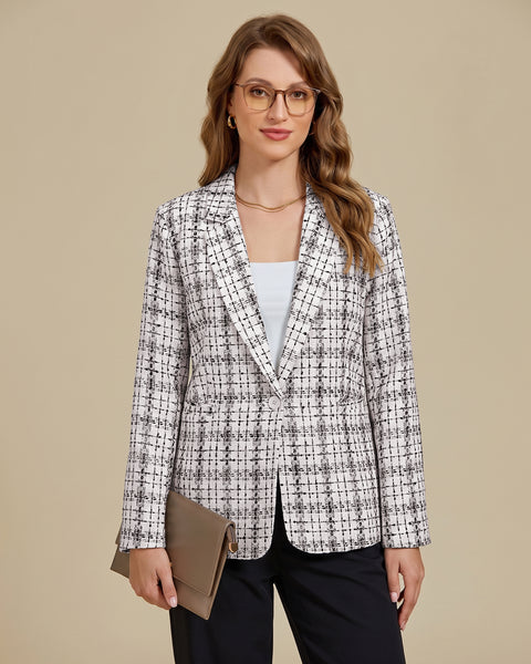 GRAPENT Tweed Blazers for Women Plaid Jacket Long Sleeve Work Casual Blazer | Notched Lapel, Fully Lined, Shoulder Pads, Single Button, 2 Pockets, Interview, Office outfits, Business Casual Blazers