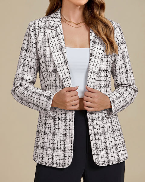 GRAPENT Tweed Blazers for Women Plaid Jacket Long Sleeve Work Casual Blazer | Notched Lapel, Fully Lined, Shoulder Pads, Single Button, 2 Pockets, Interview, Office outfits, Business Casual Blazers