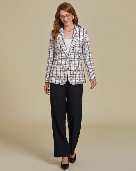 GRAPENT Tweed Blazers for Women Plaid Jacket Long Sleeve Work Casual Blazer | Notched Lapel, Fully Lined, Shoulder Pads, Single Button, 2 Pockets, Interview, Office outfits, Business Casual Blazers