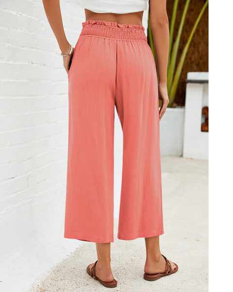 GRAPENT Capri Pants for Women High Waisted Wide Leg Linen Palazzo Trousers Pull On Elastic Smock Waist Loose Flowy Pants