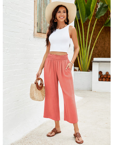 GRAPENT Capri Pants for Women High Waisted Wide Leg Linen Palazzo Trousers Pull On Elastic Smock Waist Loose Flowy Pants