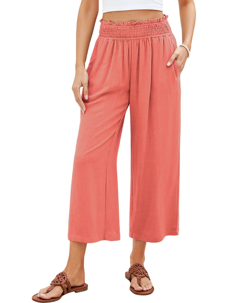 GRAPENT Capri Pants for Women High Waisted Wide Leg Linen Palazzo Trousers Pull On Elastic Smock Waist Loose Flowy Pants