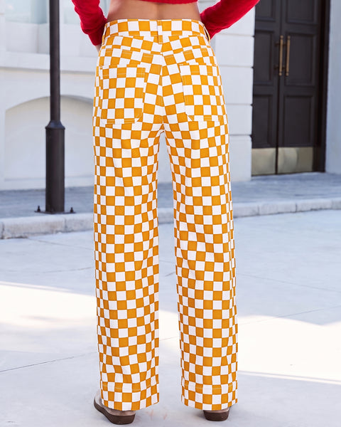 GRAPENT Women's Wide Leg Jeans High Waisted Trendy Stretchy Checkered Pants Checkerboard Print, High Rise, Wide-Leg Cut, Front Patch Pockets, Stretch Denim Pants, Weekend Casual, Classic Retro Style