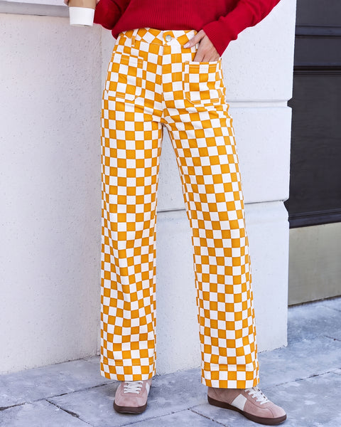 GRAPENT Women's Wide Leg Jeans High Waisted Trendy Stretchy Checkered Pants Checkerboard Print, High Rise, Wide-Leg Cut, Front Patch Pockets, Stretch Denim Pants, Weekend Casual, Classic Retro Style