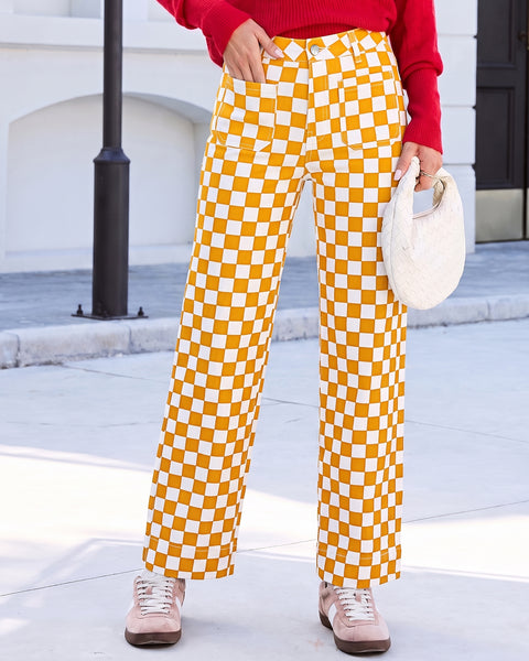 GRAPENT Women's Wide Leg Jeans High Waisted Trendy Stretchy Checkered Pants Checkerboard Print, High Rise, Wide-Leg Cut, Front Patch Pockets, Stretch Denim Pants, Weekend Casual, Classic Retro Style