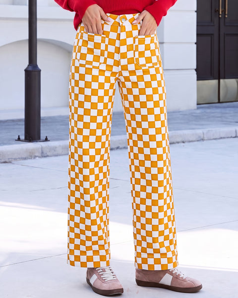 GRAPENT Women's Wide Leg Jeans High Waisted Trendy Stretchy Checkered Pants Checkerboard Print, High Rise, Wide-Leg Cut, Front Patch Pockets, Stretch Denim Pants, Weekend Casual, Classic Retro Style