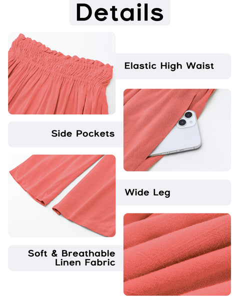 GRAPENT Capri Pants for Women High Waisted Wide Leg Linen Palazzo Trousers Pull On Elastic Smock Waist Loose Flowy Pants