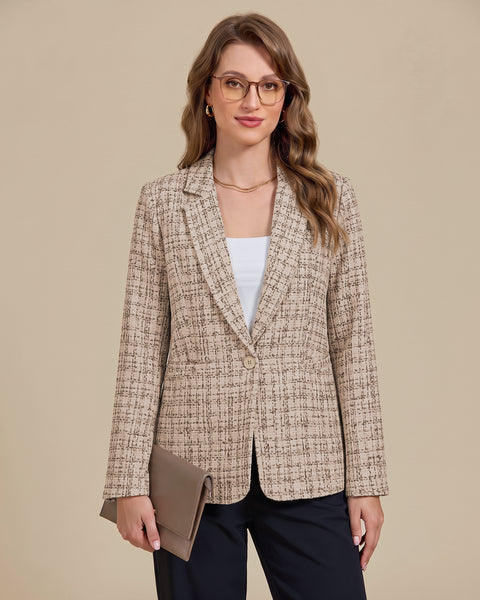 GRAPENT Tweed Blazers for Women Plaid Jacket Long Sleeve Work Casual Blazer | Notched Lapel, Fully Lined, Shoulder Pads, Single Button, 2 Pockets, Interview, Office outfits, Business Casual Blazers