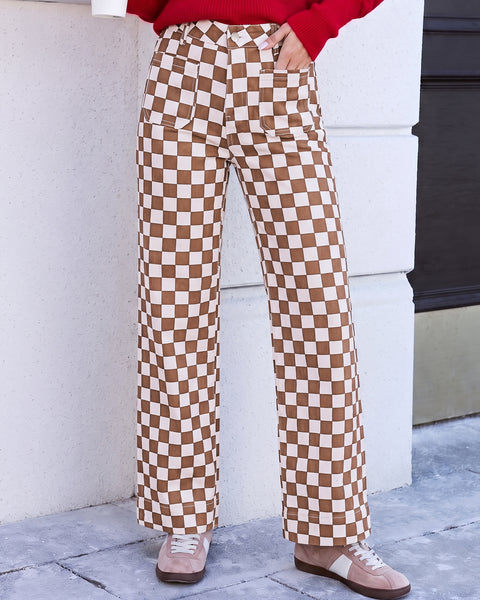 GRAPENT Women's Wide Leg Jeans High Waisted Trendy Stretchy Checkered Pants Checkerboard Print, High Rise, Wide-Leg Cut, Front Patch Pockets, Stretch Denim Pants, Weekend Casual, Classic Retro Style