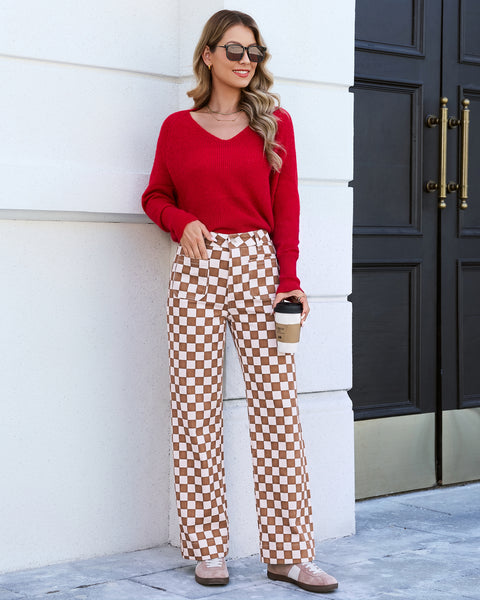 GRAPENT Women's Wide Leg Jeans High Waisted Trendy Stretchy Checkered Pants Checkerboard Print, High Rise, Wide-Leg Cut, Front Patch Pockets, Stretch Denim Pants, Weekend Casual, Classic Retro Style