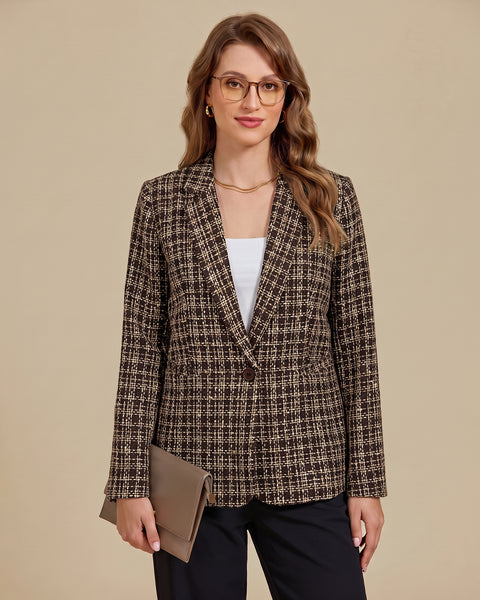 GRAPENT Tweed Blazers for Women Plaid Jacket Long Sleeve Work Casual Blazer | Notched Lapel, Fully Lined, Shoulder Pads, Single Button, 2 Pockets, Interview, Office outfits, Business Casual Blazers