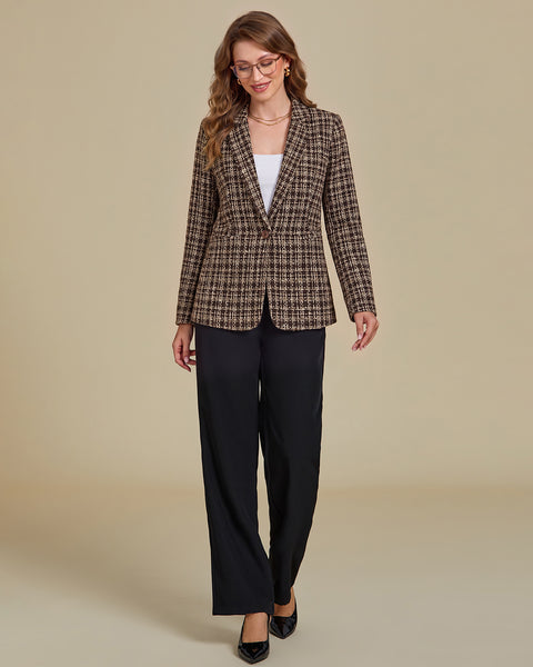 GRAPENT Tweed Blazers for Women Plaid Jacket Long Sleeve Work Casual Blazer | Notched Lapel, Fully Lined, Shoulder Pads, Single Button, 2 Pockets, Interview, Office outfits, Business Casual Blazers