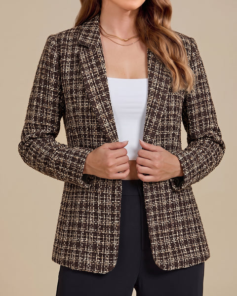 GRAPENT Tweed Blazers for Women Plaid Jacket Long Sleeve Work Casual Blazer | Notched Lapel, Fully Lined, Shoulder Pads, Single Button, 2 Pockets, Interview, Office outfits, Business Casual Blazers