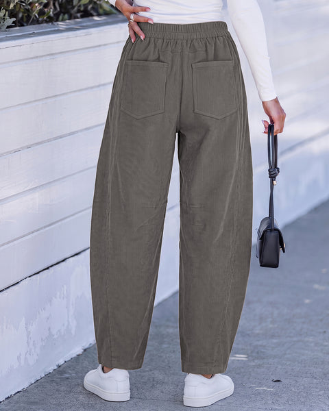 GRAPENT Corduroy Pants Women Barrel Elastic Waist Ankle Work Casual Trouser High Waisted Fit, Barrel Leg, Ankle Length, 27.5" Inseam, Functional Pockets, Fall Winter Pants, Dressy Casual Outfits