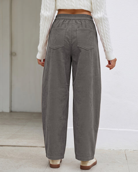 GRAPENT Corduroy Pants Women Barrel Elastic Waist Ankle Work Casual Trouser High Waisted Fit, Barrel Leg, Ankle Length, 27.5" Inseam, Functional Pockets, Fall Winter Pants, Dressy Casual Outfits