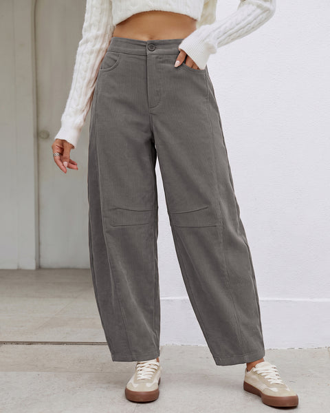 GRAPENT Corduroy Pants Women Barrel Elastic Waist Ankle Work Casual Trouser High Waisted Fit, Barrel Leg, Ankle Length, 27.5" Inseam, Functional Pockets, Fall Winter Pants, Dressy Casual Outfits