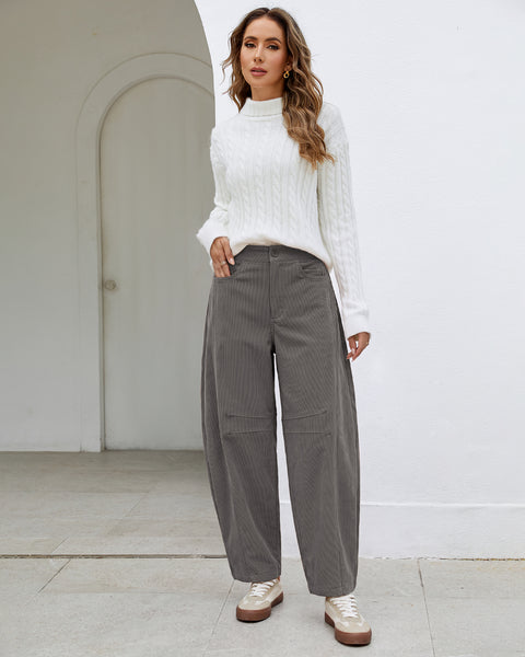 GRAPENT Corduroy Pants Women Barrel Elastic Waist Ankle Work Casual Trouser High Waisted Fit, Barrel Leg, Ankle Length, 27.5" Inseam, Functional Pockets, Fall Winter Pants, Dressy Casual Outfits