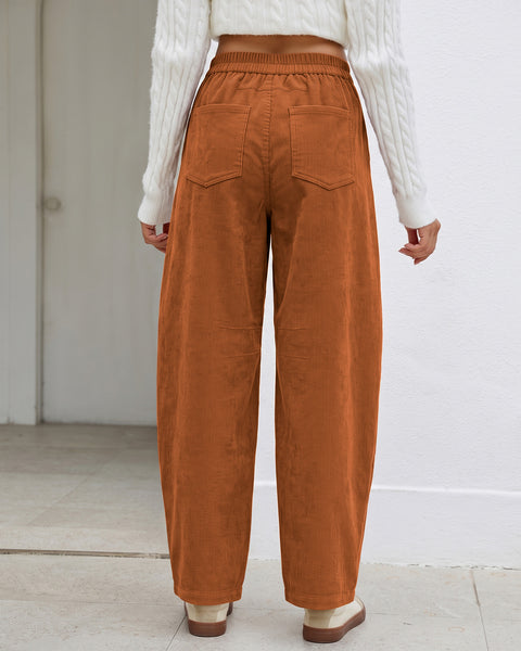 GRAPENT Corduroy Pants Women Barrel Elastic Waist Ankle Work Casual Trouser High Waisted Fit, Barrel Leg, Ankle Length, 27.5" Inseam, Functional Pockets, Fall Winter Pants, Dressy Casual Outfits