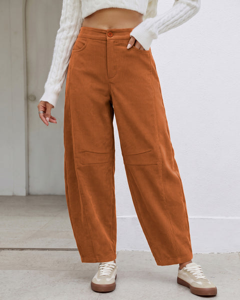 GRAPENT Corduroy Pants Women Barrel Elastic Waist Ankle Work Casual Trouser High Waisted Fit, Barrel Leg, Ankle Length, 27.5" Inseam, Functional Pockets, Fall Winter Pants, Dressy Casual Outfits