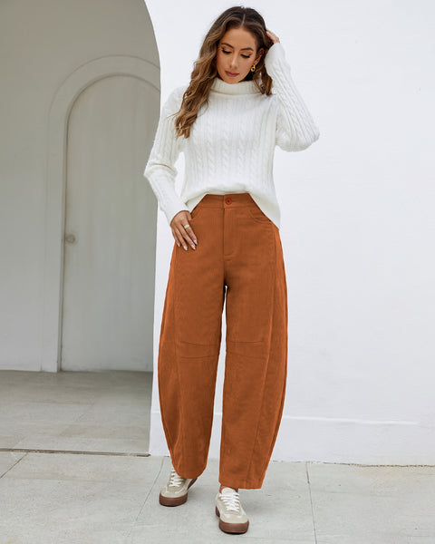GRAPENT Corduroy Pants Women Barrel Elastic Waist Ankle Work Casual Trouser High Waisted Fit, Barrel Leg, Ankle Length, 27.5" Inseam, Functional Pockets, Fall Winter Pants, Dressy Casual Outfits