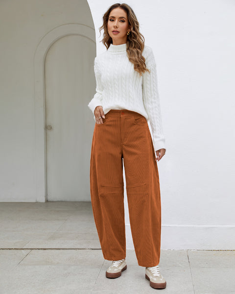 GRAPENT Corduroy Pants Women Barrel Elastic Waist Ankle Work Casual Trouser High Waisted Fit, Barrel Leg, Ankle Length, 27.5" Inseam, Functional Pockets, Fall Winter Pants, Dressy Casual Outfits