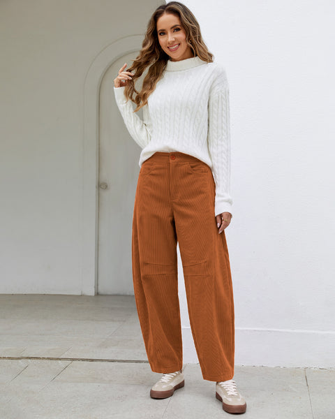 GRAPENT Corduroy Pants Women Barrel Elastic Waist Ankle Work Casual Trouser High Waisted Fit, Barrel Leg, Ankle Length, 27.5" Inseam, Functional Pockets, Fall Winter Pants, Dressy Casual Outfits