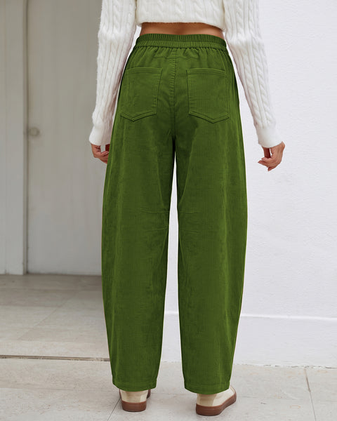 GRAPENT Corduroy Pants Women Barrel Elastic Waist Ankle Work Casual Trouser High Waisted Fit, Barrel Leg, Ankle Length, 27.5" Inseam, Functional Pockets, Fall Winter Pants, Dressy Casual Outfits