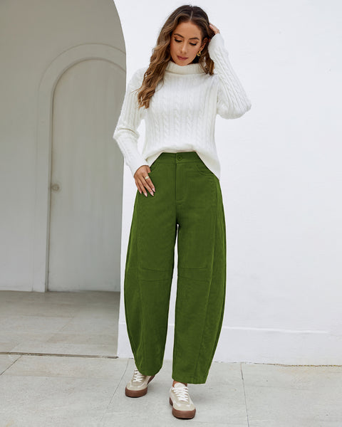 GRAPENT Corduroy Pants Women Barrel Elastic Waist Ankle Work Casual Trouser High Waisted Fit, Barrel Leg, Ankle Length, 27.5" Inseam, Functional Pockets, Fall Winter Pants, Dressy Casual Outfits