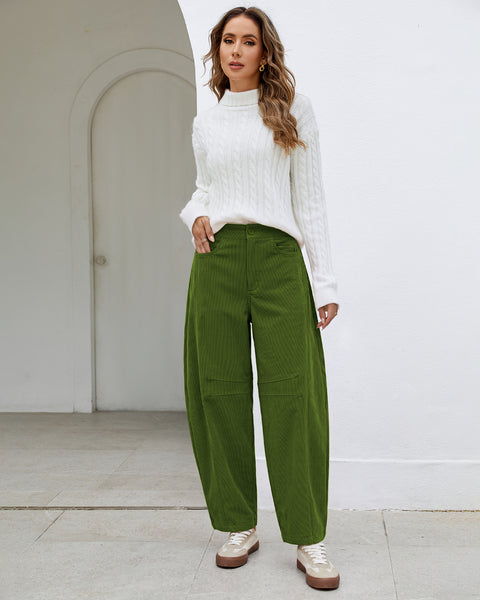 GRAPENT Corduroy Pants Women Barrel Elastic Waist Ankle Work Casual Trouser High Waisted Fit, Barrel Leg, Ankle Length, 27.5" Inseam, Functional Pockets, Fall Winter Pants, Dressy Casual Outfits