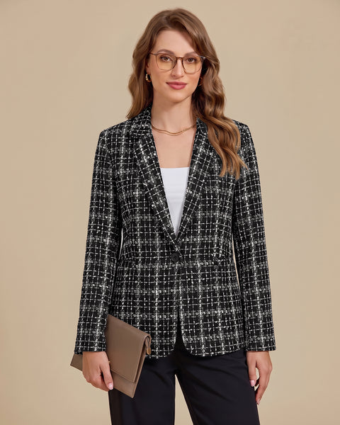 GRAPENT Tweed Blazers for Women Plaid Jacket Long Sleeve Work Casual Blazer | Notched Lapel, Fully Lined, Shoulder Pads, Single Button, 2 Pockets, Interview, Office outfits, Business Casual Blazers