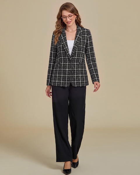 GRAPENT Tweed Blazers for Women Plaid Jacket Long Sleeve Work Casual Blazer | Notched Lapel, Fully Lined, Shoulder Pads, Single Button, 2 Pockets, Interview, Office outfits, Business Casual Blazers