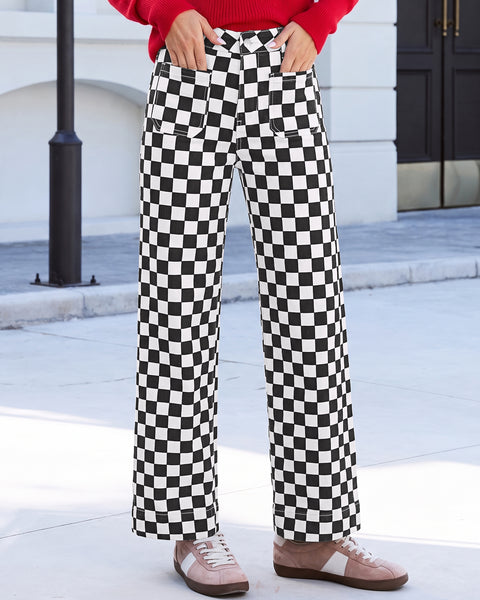 GRAPENT Women's Wide Leg Jeans High Waisted Trendy Stretchy Checkered Pants Checkerboard Print, High Rise, Wide-Leg Cut, Front Patch Pockets, Stretch Denim Pants, Weekend Casual, Classic Retro Style