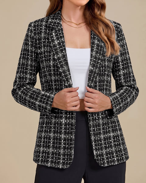 GRAPENT Tweed Blazers for Women Plaid Jacket Long Sleeve Work Casual Blazer | Notched Lapel, Fully Lined, Shoulder Pads, Single Button, 2 Pockets, Interview, Office outfits, Business Casual Blazers