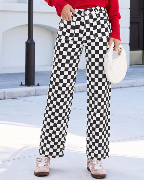 GRAPENT Women's Wide Leg Jeans High Waisted Trendy Stretchy Checkered Pants Checkerboard Print, High Rise, Wide-Leg Cut, Front Patch Pockets, Stretch Denim Pants, Weekend Casual, Classic Retro Style