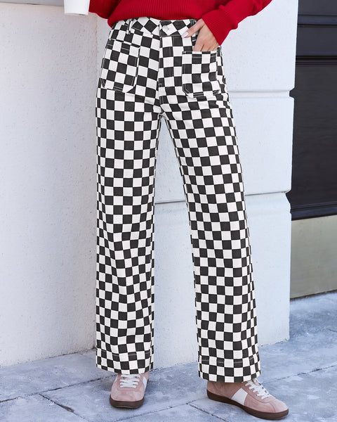 GRAPENT Women's Wide Leg Jeans High Waisted Trendy Stretchy Checkered Pants Checkerboard Print, High Rise, Wide-Leg Cut, Front Patch Pockets, Stretch Denim Pants, Weekend Casual, Classic Retro Style