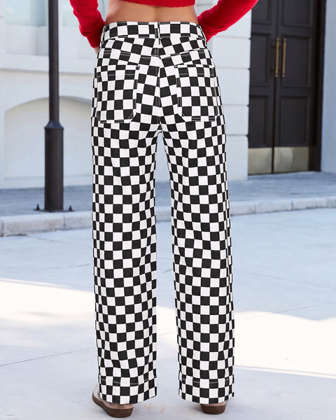 GRAPENT Women's Wide Leg Jeans High Waisted Trendy Stretchy Checkered Pants Checkerboard Print, High Rise, Wide-Leg Cut, Front Patch Pockets, Stretch Denim Pants, Weekend Casual, Classic Retro Style