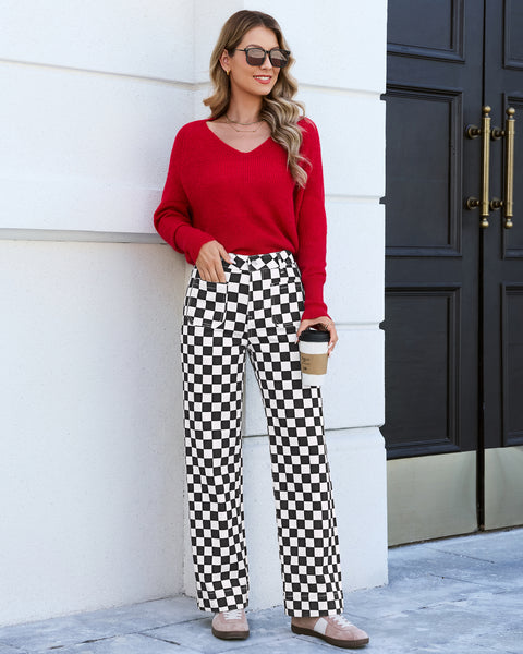 GRAPENT Women's Wide Leg Jeans High Waisted Trendy Stretchy Checkered Pants Checkerboard Print, High Rise, Wide-Leg Cut, Front Patch Pockets, Stretch Denim Pants, Weekend Casual, Classic Retro Style