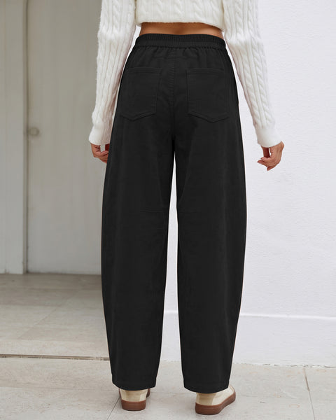 GRAPENT Corduroy Pants Women Barrel Elastic Waist Ankle Work Casual Trouser High Waisted Fit, Barrel Leg, Ankle Length, 27.5" Inseam, Functional Pockets, Fall Winter Pants, Dressy Casual Outfits