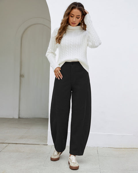 GRAPENT Corduroy Pants Women Barrel Elastic Waist Ankle Work Casual Trouser High Waisted Fit, Barrel Leg, Ankle Length, 27.5" Inseam, Functional Pockets, Fall Winter Pants, Dressy Casual Outfits