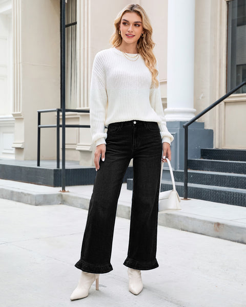 GRAPENT Wide Leg Jeans for Women Ruffle Hem High Waisted Ankle Denim Pants | Trendy Baggy Jeans, Stretch Denim, High Rise Fit, Cropped Jean Pants, 27.5 Inch Inseam, Flattering Ruffle Hem, Weekend Casual