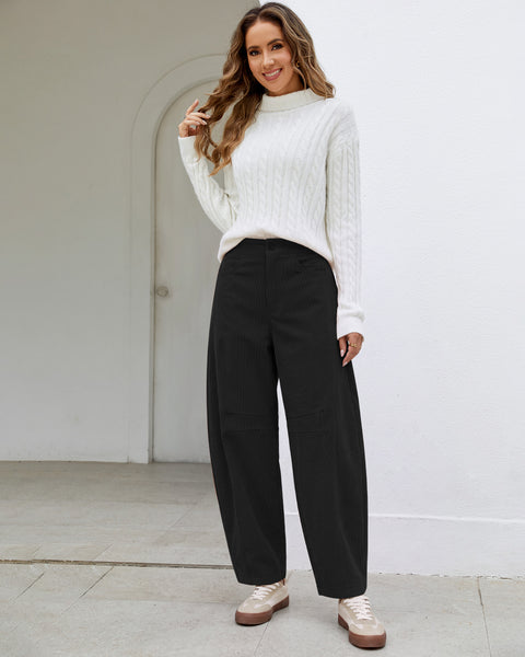 GRAPENT Corduroy Pants Women Barrel Elastic Waist Ankle Work Casual Trouser High Waisted Fit, Barrel Leg, Ankle Length, 27.5" Inseam, Functional Pockets, Fall Winter Pants, Dressy Casual Outfits