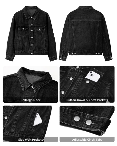 GRAPENT Jean Jacket Women Trendy Button Up Classic Oversized Denim Jackets Loose Fit, Side Seam Tabs for Adjustable Fit, Functional Pockets, Denim Trucker Jackets, Work Casual Oufits, Weekend Outings