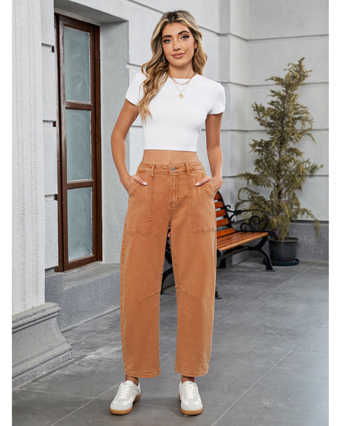 GRAPENT Barrel Jeans for Women High Waisted Trendy Wide Leg Baggy Ankle Length Stretchy Denim Trouser Jeans with Pockets