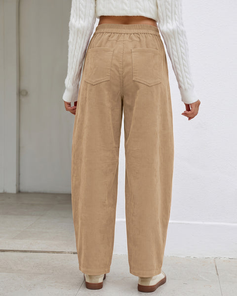 GRAPENT Corduroy Pants Women Barrel Elastic Waist Ankle Work Casual Trouser High Waisted Fit, Barrel Leg, Ankle Length, 27.5" Inseam, Functional Pockets, Fall Winter Pants, Dressy Casual Outfits