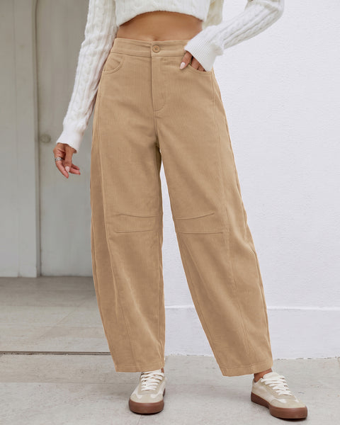 GRAPENT Corduroy Pants Women Barrel Elastic Waist Ankle Work Casual Trouser High Waisted Fit, Barrel Leg, Ankle Length, 27.5" Inseam, Functional Pockets, Fall Winter Pants, Dressy Casual Outfits